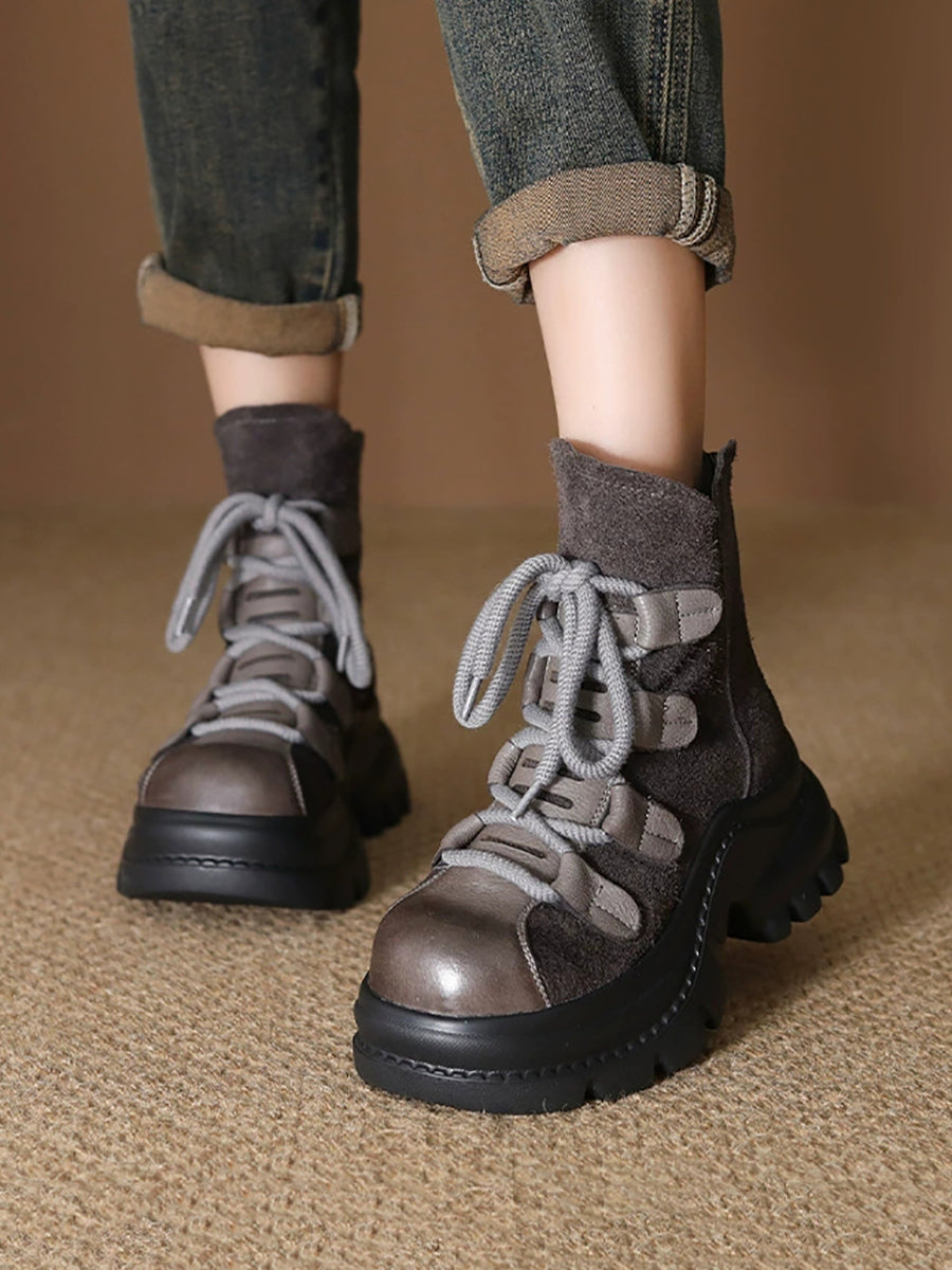 Women Suede Leather Spliced Platform Martin Boots