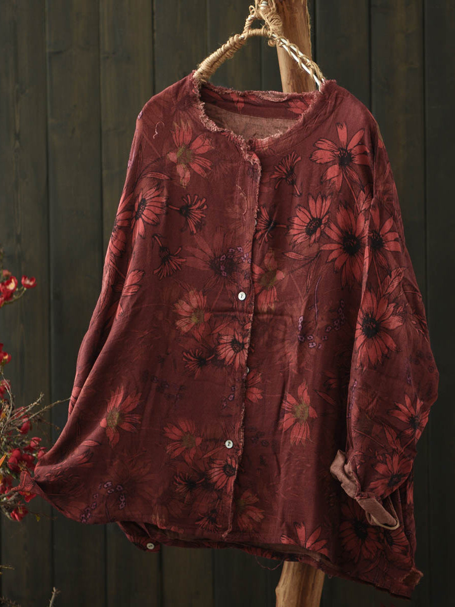 Women Autumn Retro Flower Raw-edge Cotton Blouse