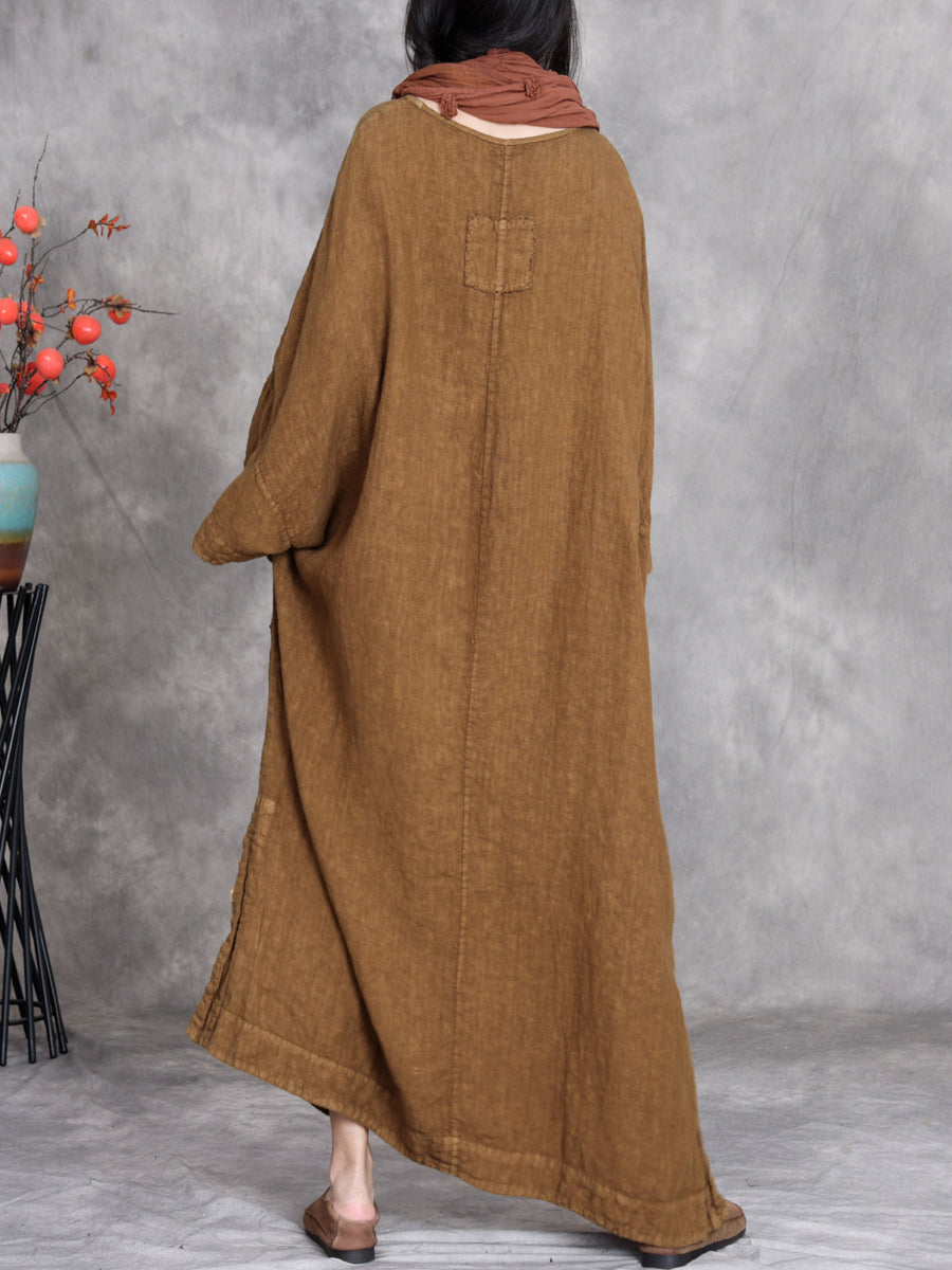 Women Autumn Vintage Spliced O-Neck Linen Maxi Dress