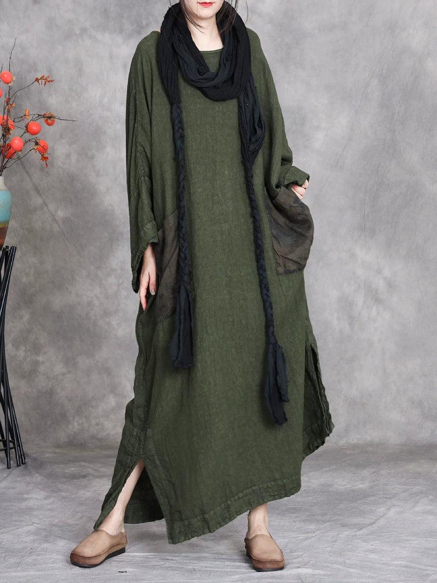 Women Autumn Vintage Spliced O-Neck Linen Maxi Dress