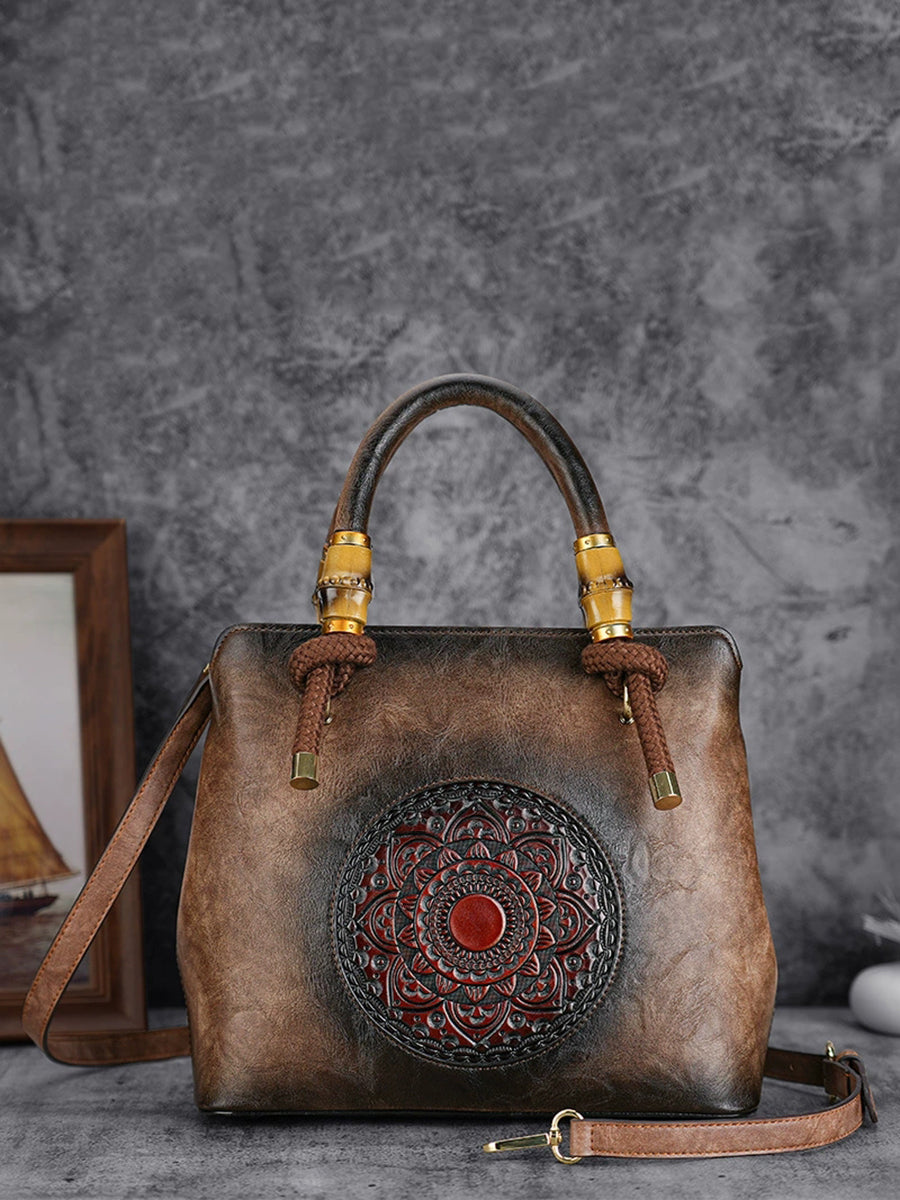 Women Vintage Flower Embossing Handbag Crossbody Bag
