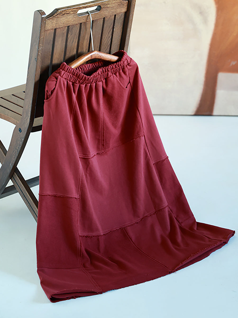 Plus Size Women Autumn Casual Pure Color A-Shape Spliced Skirt