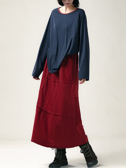 Plus Size Women Autumn Casual Pure Color A-Shape Spliced Skirt