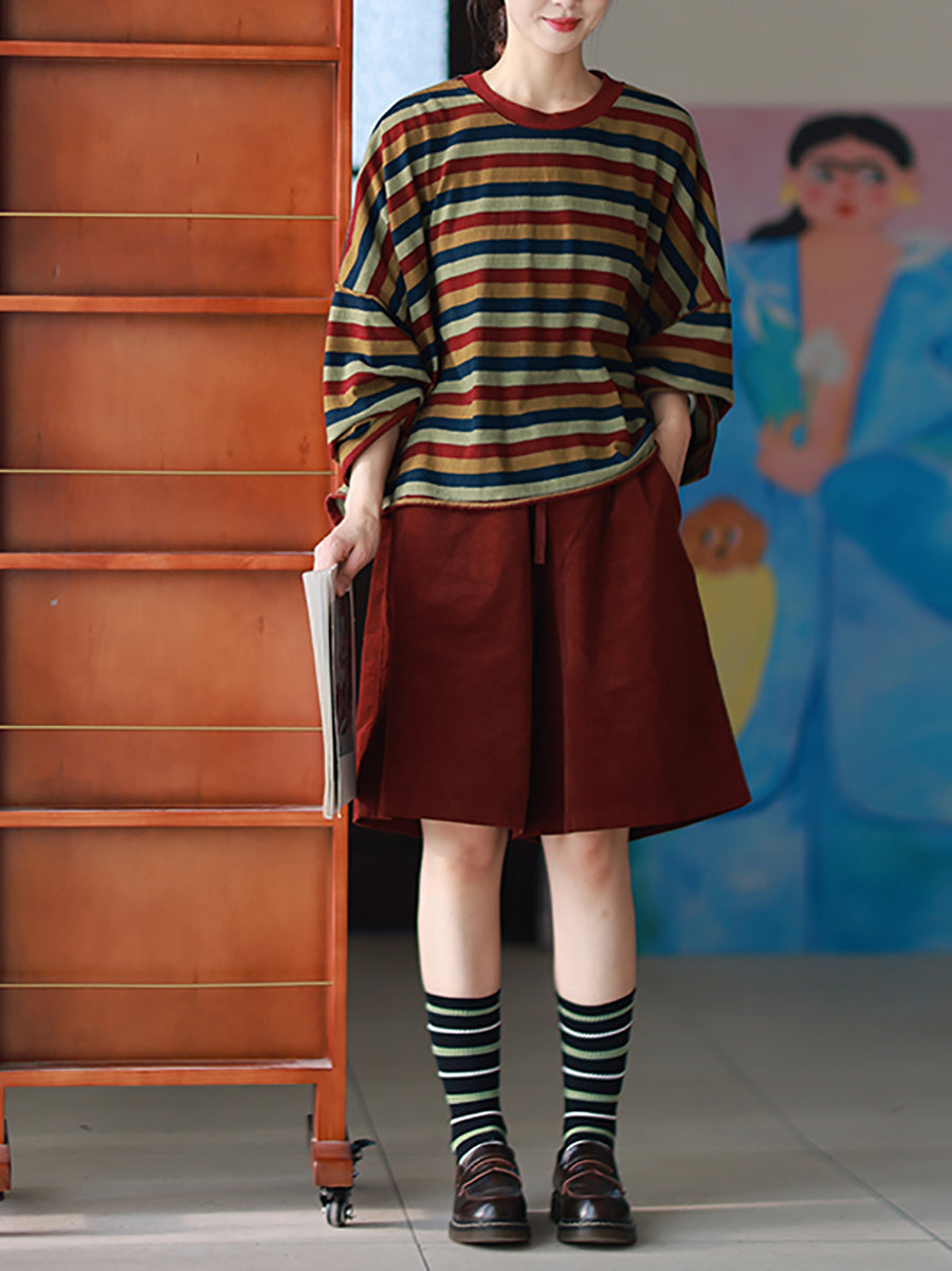 Women Autumn Casual Stripe O-Neck 100%Cotton Blouse