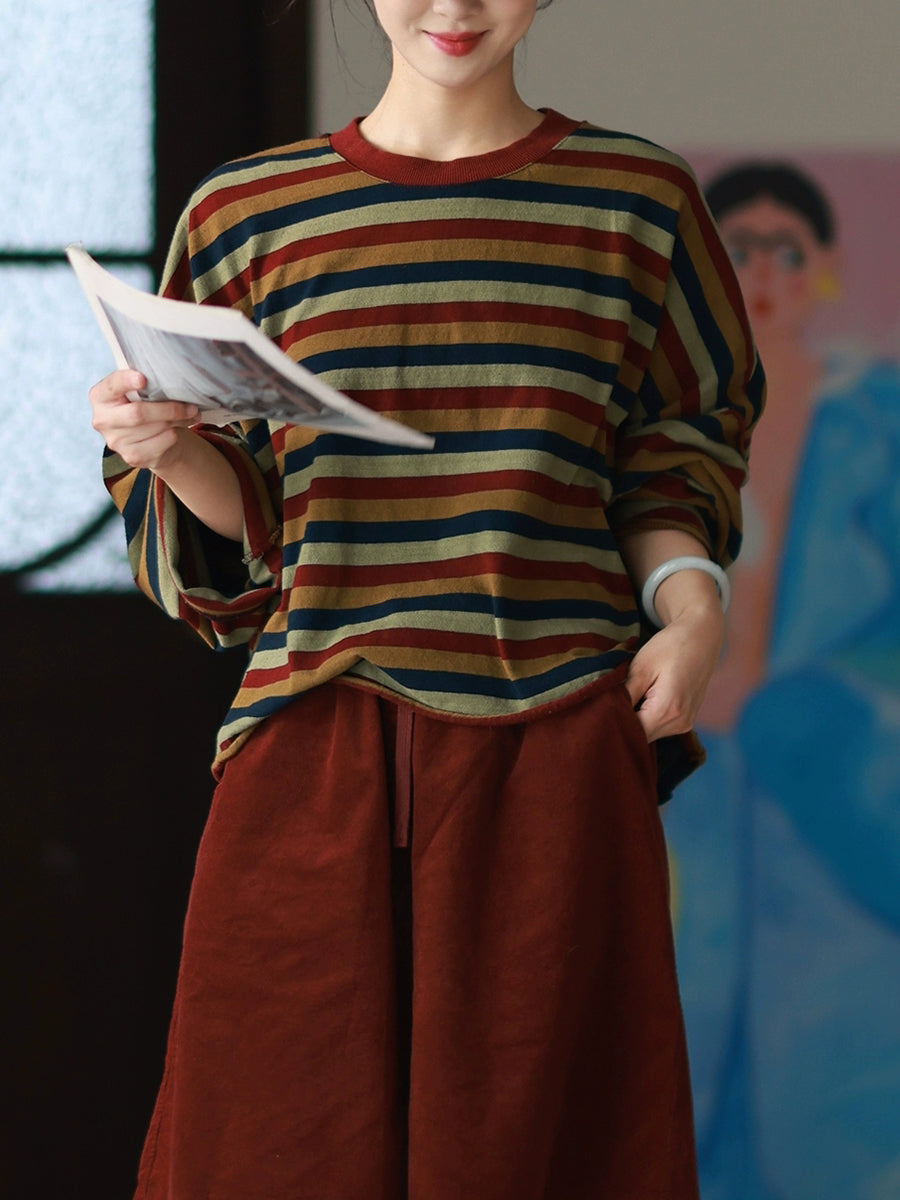 Women Autumn Casual Stripe O-Neck 100%Cotton Blouse