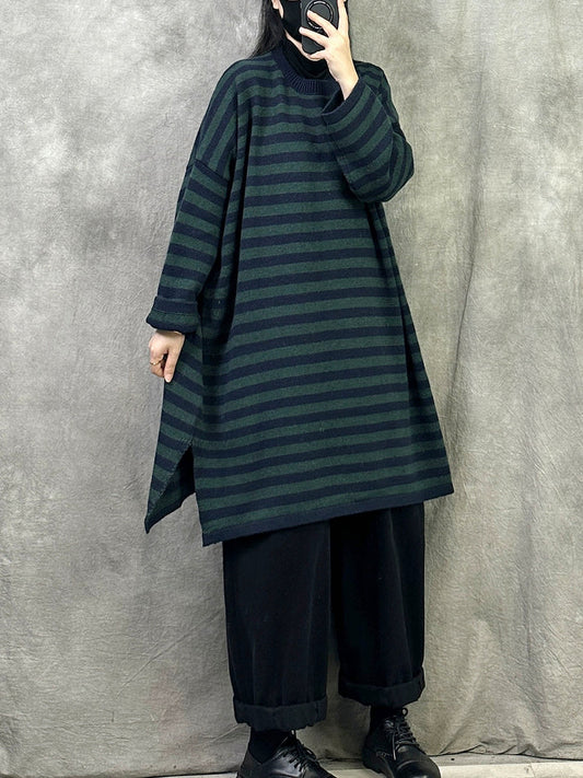 Women Autumn Casual Stripe Cotton Long Sweater