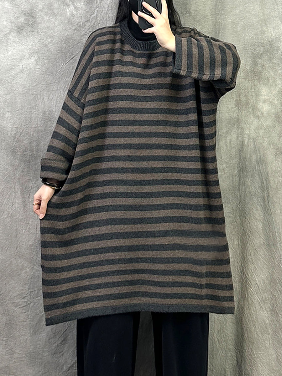Women Autumn Casual Stripe Cotton Long Sweater