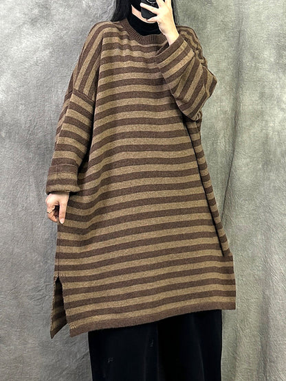 Women Autumn Casual Stripe Cotton Long Sweater