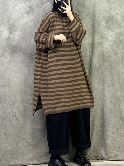 Women Autumn Casual Stripe Cotton Long Sweater