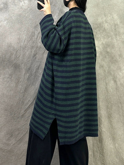 Women Autumn Casual Stripe Cotton Long Sweater
