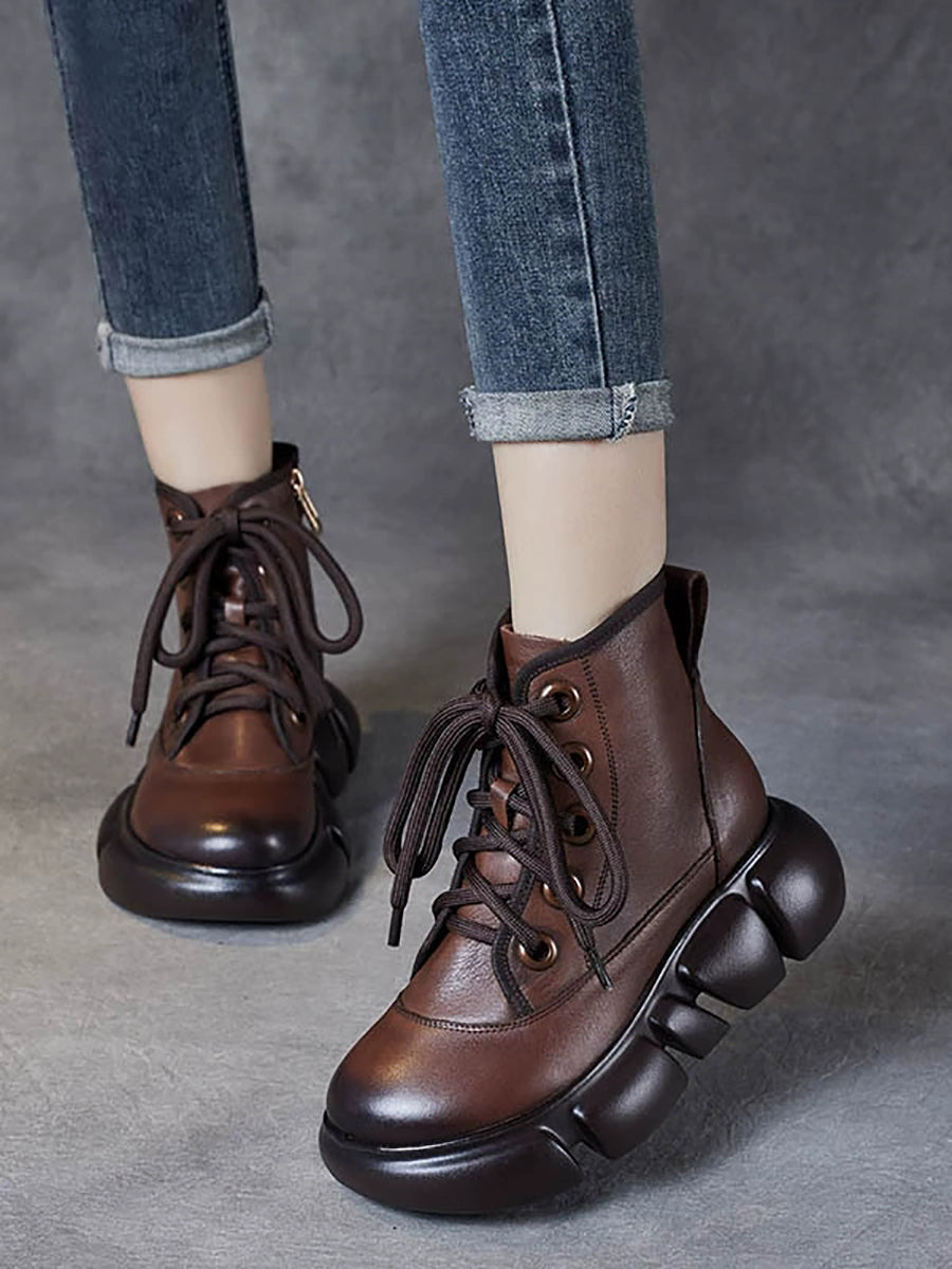 Women Winter Pure Color Leather Platform Martin Boots