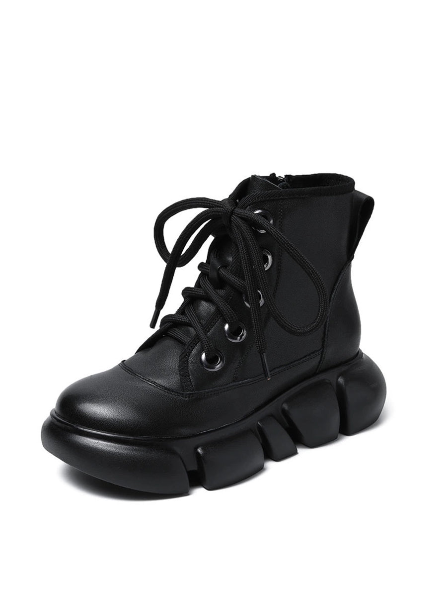 Women Winter Pure Color Leather Platform Martin Boots