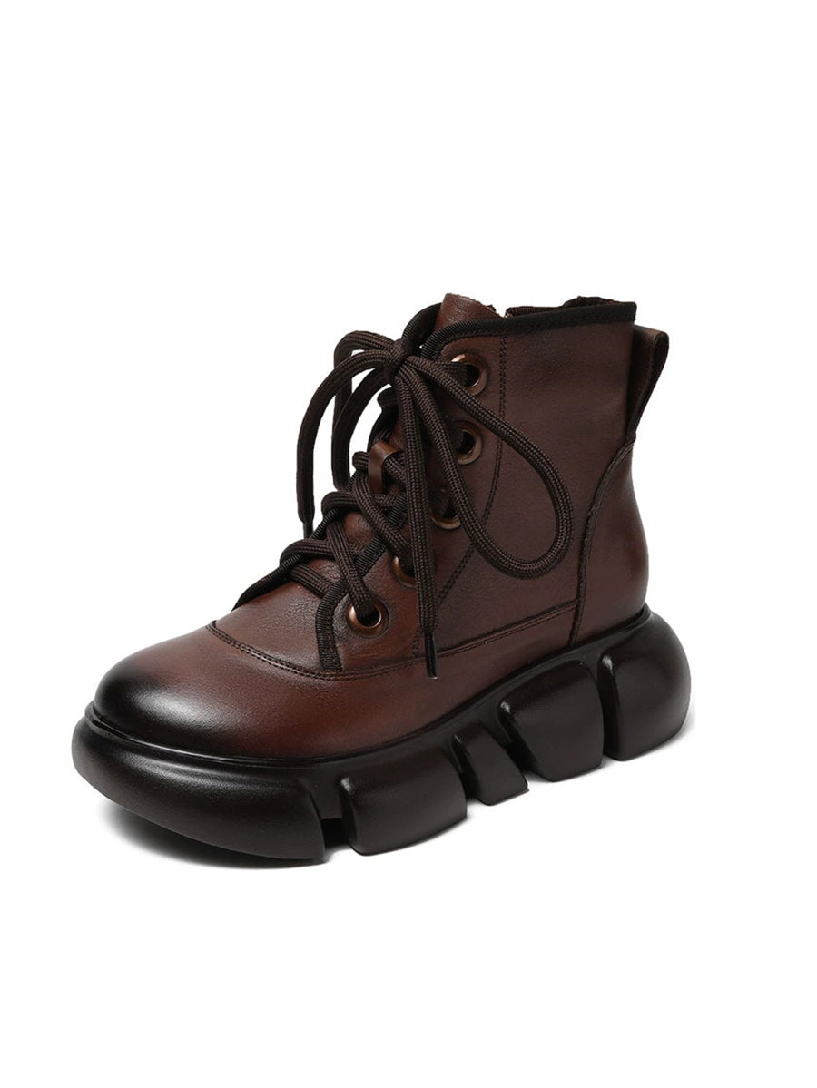 Women Winter Pure Color Leather Platform Martin Boots