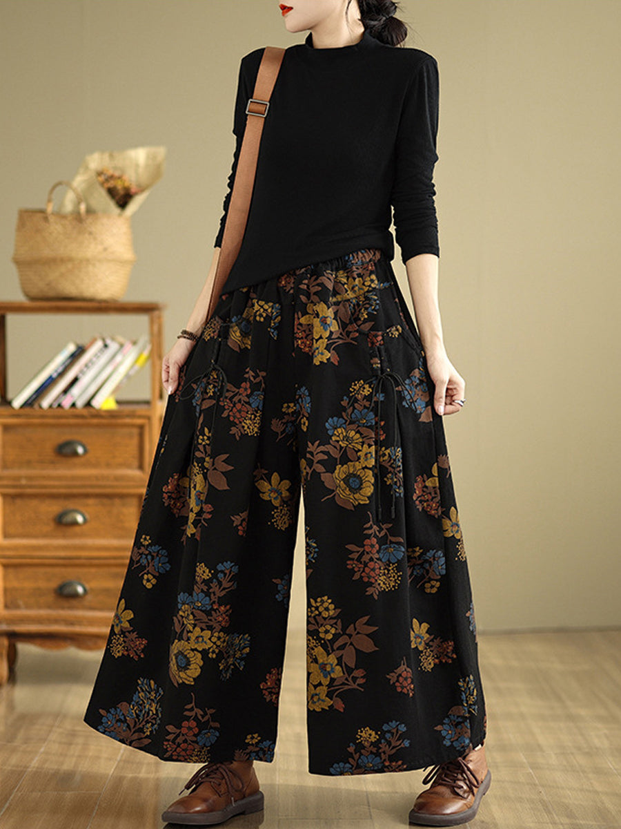 Women Autumn Retro Flower Denim Wide-leg Pants