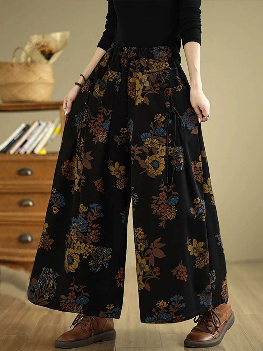 Women Autumn Retro Flower Denim Wide-leg Pants