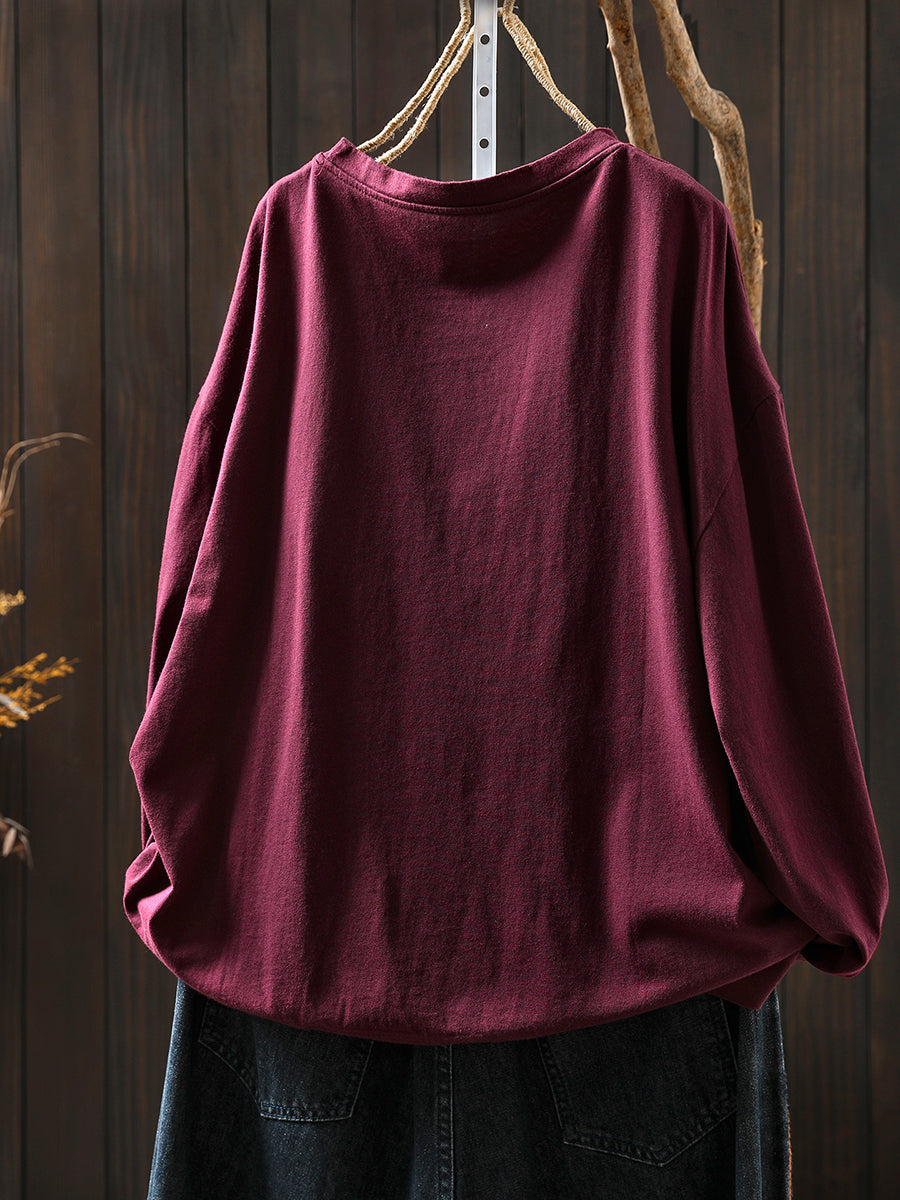 Women Autumn Artsy Flower O-Neck Cotton Blouse