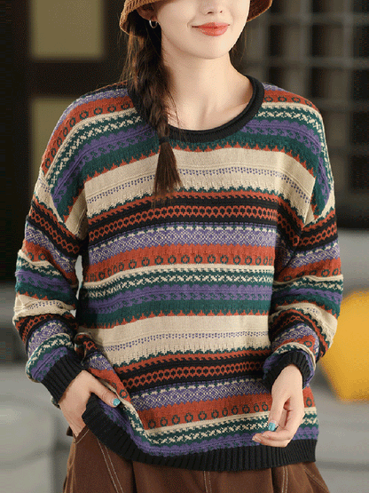 Women Autumn Retro Stripe O-Neck Knitted Sweater