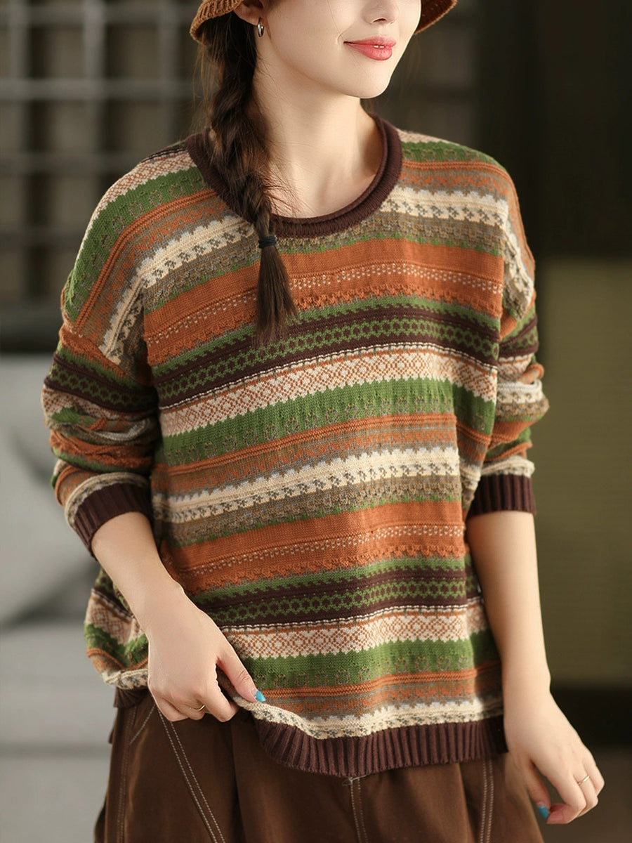 Women Autumn Retro Stripe O-Neck Knitted Sweater