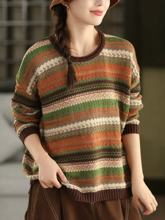 Women Autumn Retro Stripe O-Neck Knitted Sweater