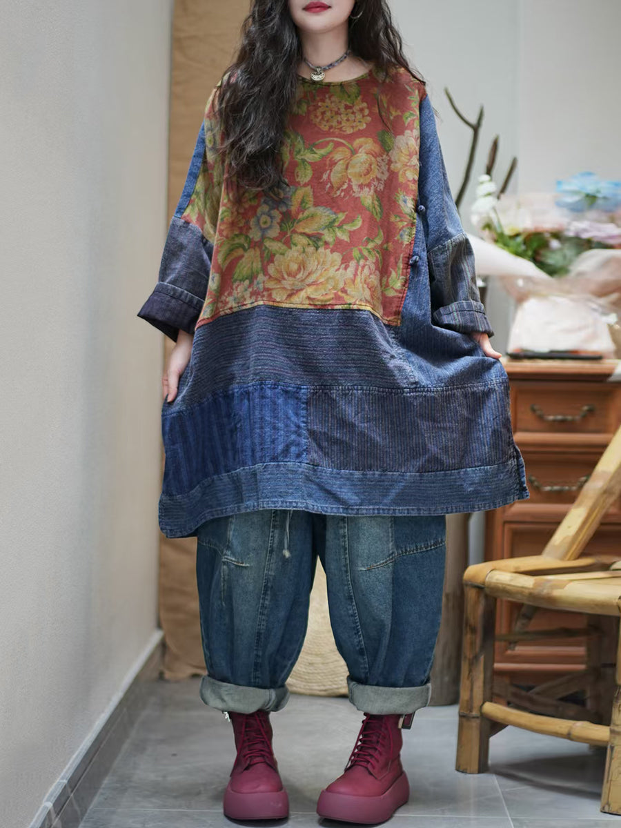 Women Autumn Flower Stripe Spliced 100%Cotton Shirt