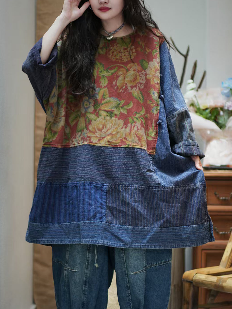 Women Autumn Flower Stripe Spliced 100%Cotton Shirt