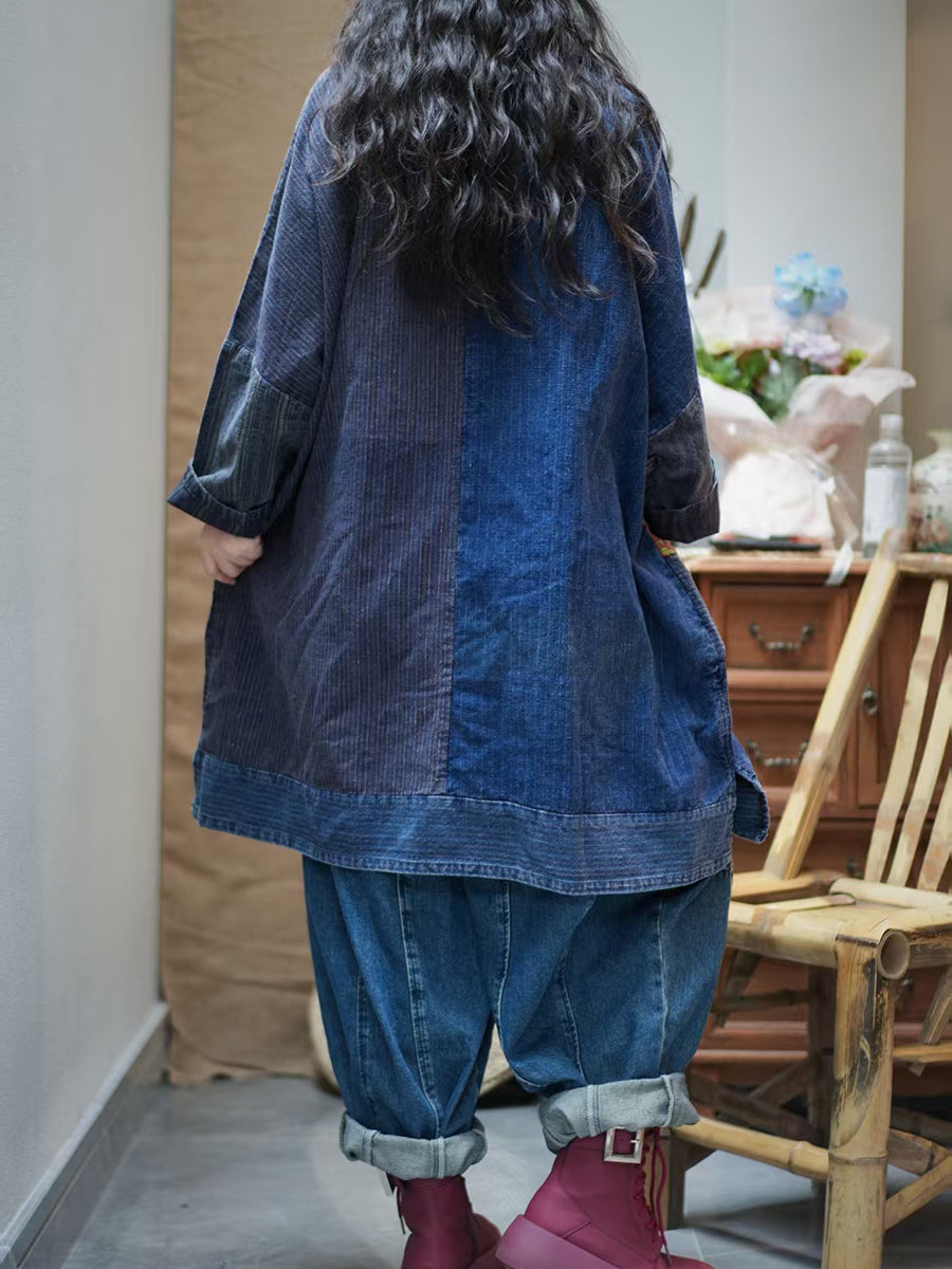 Women Autumn Flower Stripe Spliced 100%Cotton Shirt