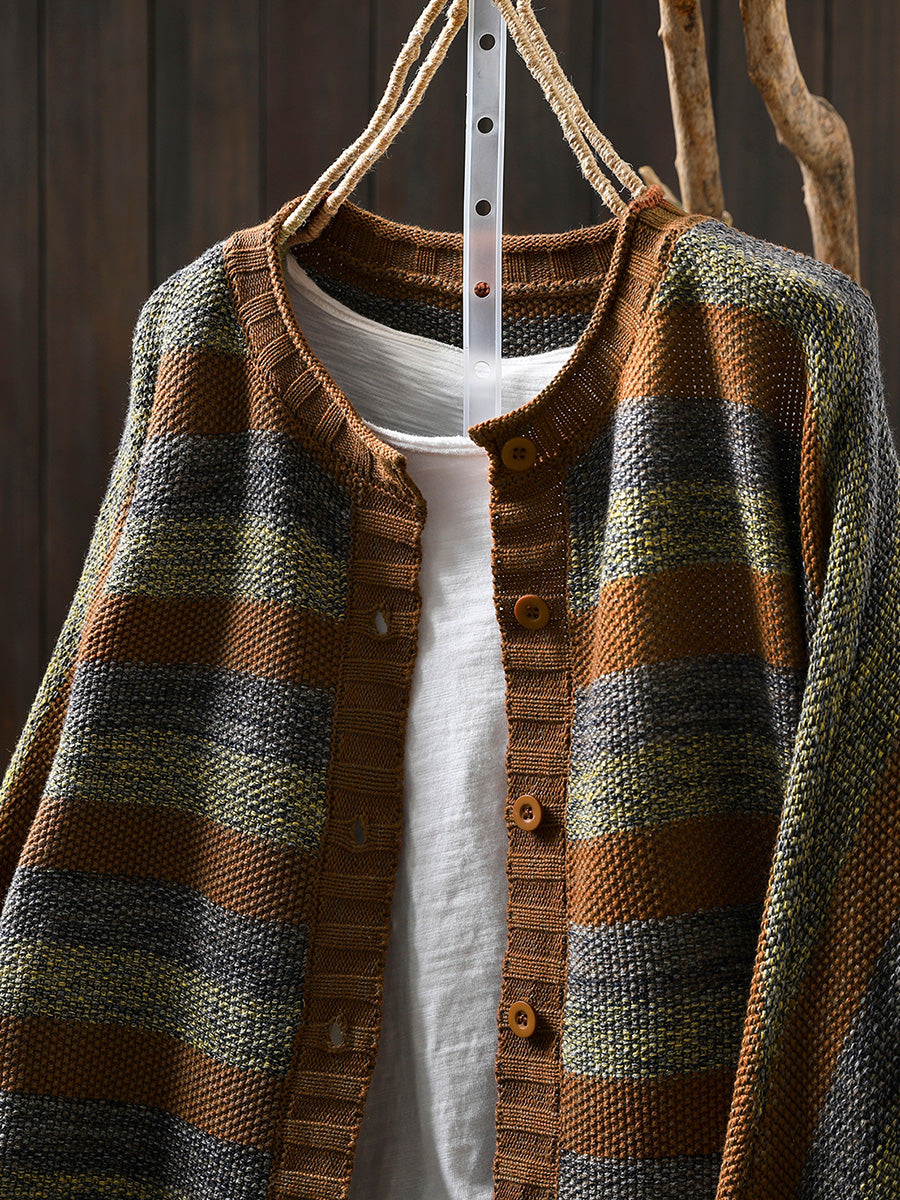 Women Autumn O-Neck Colorblock Stripe Sweater Coat