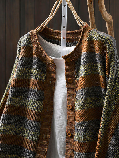 Women Autumn O-Neck Colorblock Stripe Sweater Coat