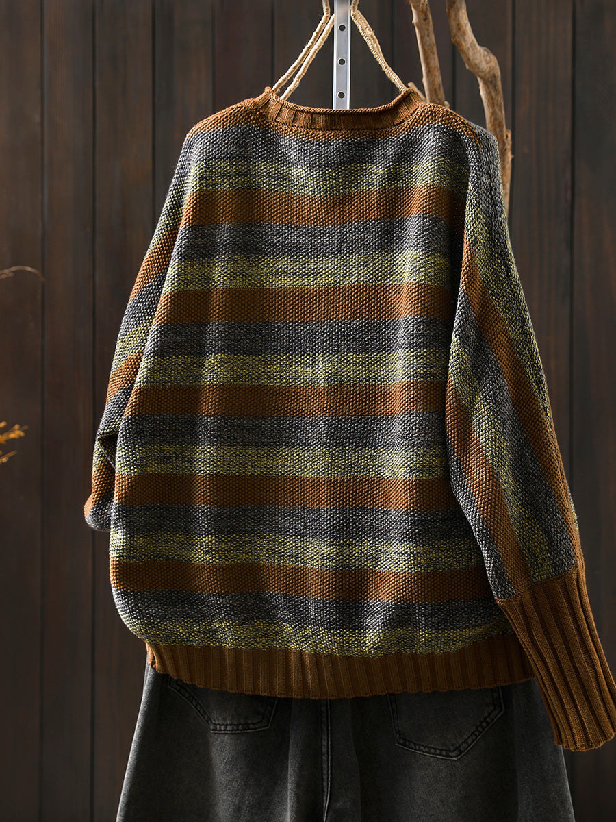 Women Autumn O-Neck Colorblock Stripe Sweater Coat