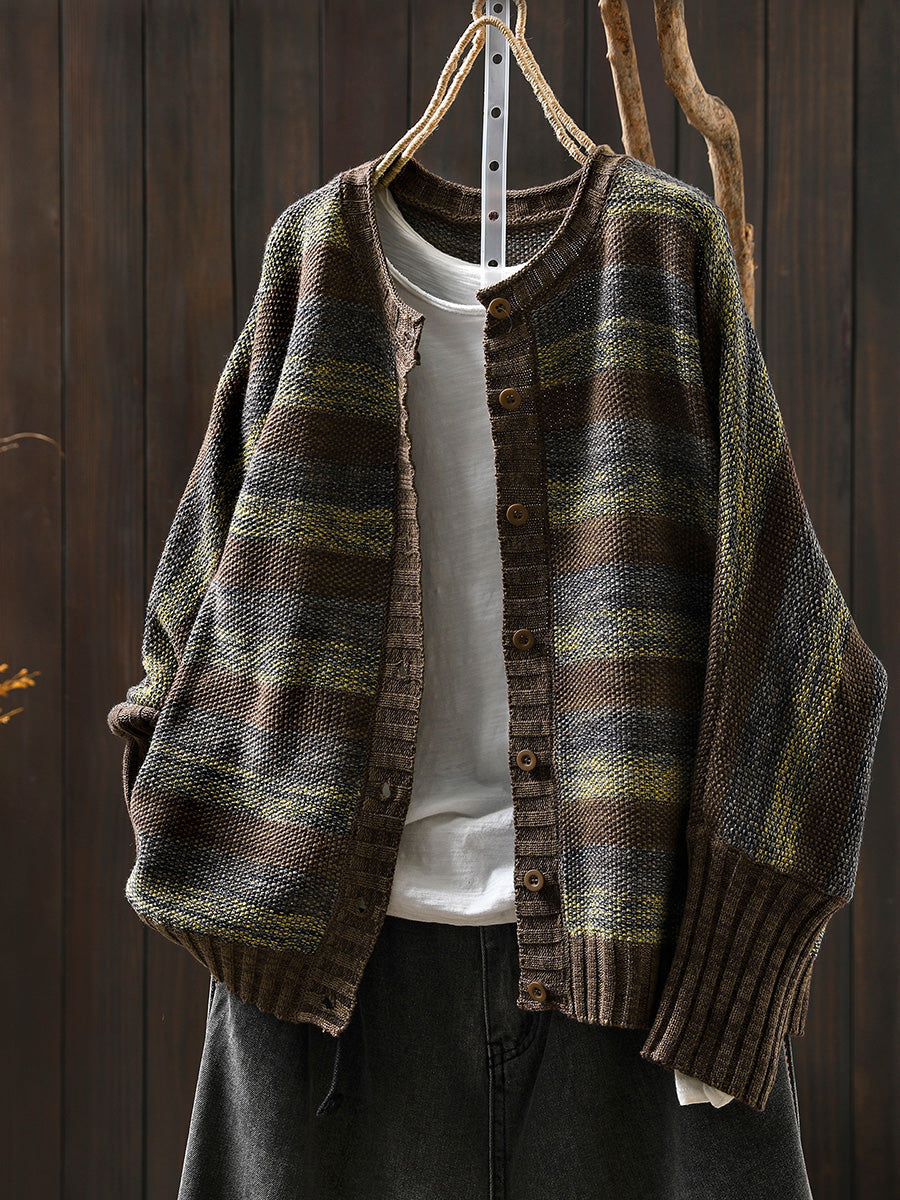 Women Autumn O-Neck Colorblock Stripe Sweater Coat