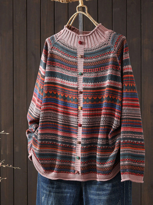 Women Autumn Colorblock Stripe Half-Turtleneck Sweater