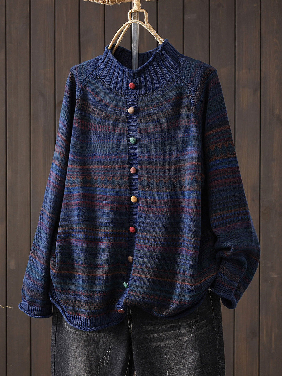 Women Autumn Colorblock Stripe Half-Turtleneck Sweater