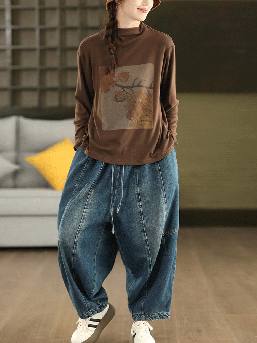 Women Autumn Artsy Print Half-Turtleneck Blouse