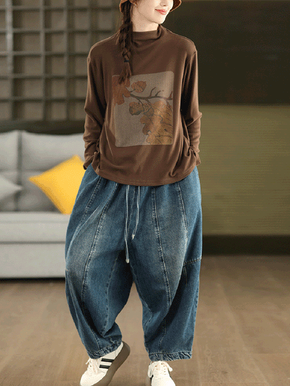 Women Autumn Artsy Print Half-Turtleneck Blouse