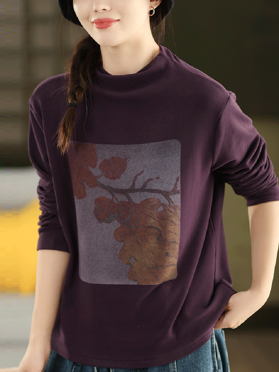 Women Autumn Artsy Print Half-Turtleneck Blouse