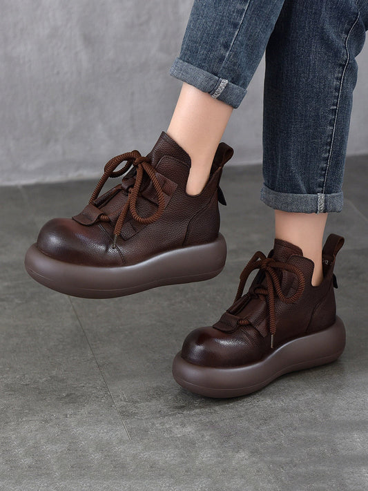 Women Vintage Leather Spliced Strap Platform Shoes