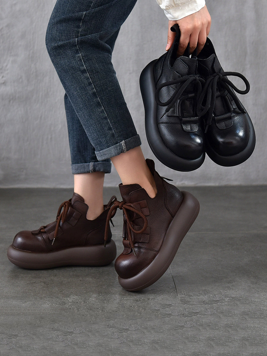 Women Vintage Leather Spliced Strap Platform Shoes