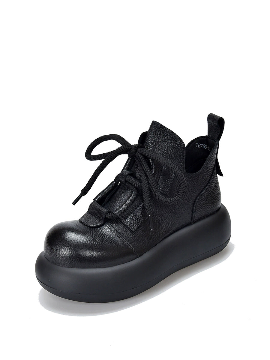 Women Vintage Leather Spliced Strap Platform Shoes