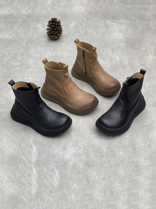 Women Autumn Pure Color Leather Zipper Platfrom Boots
