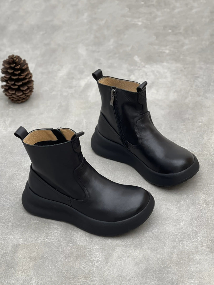 Women Autumn Pure Color Leather Zipper Platfrom Boots