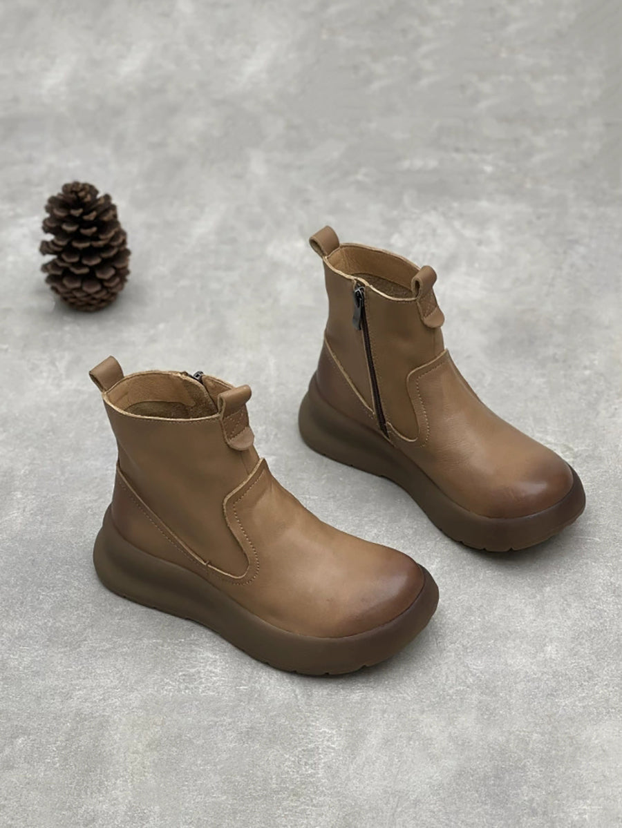 Women Autumn Pure Color Leather Zipper Platfrom Boots