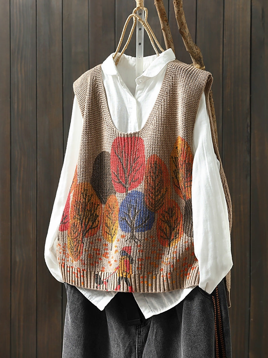 Women Autumn Artsy Tree V-Neck Knitted Vest