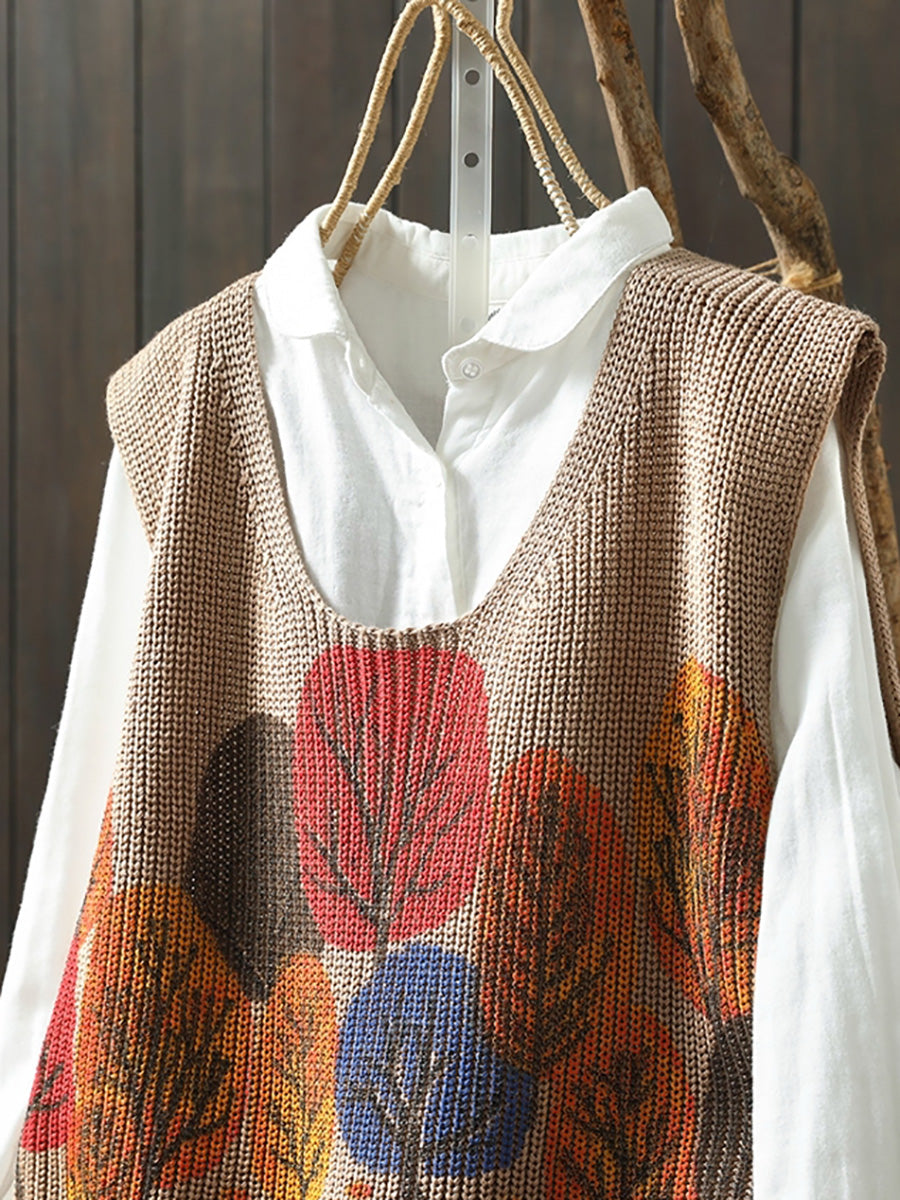 Women Autumn Artsy Tree V-Neck Knitted Vest