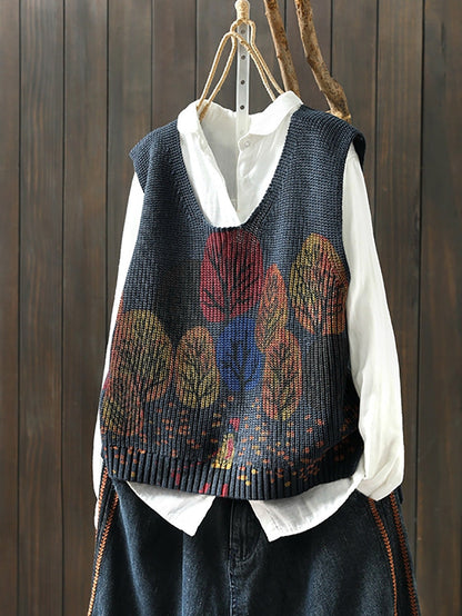 Women Autumn Artsy Tree V-Neck Knitted Vest