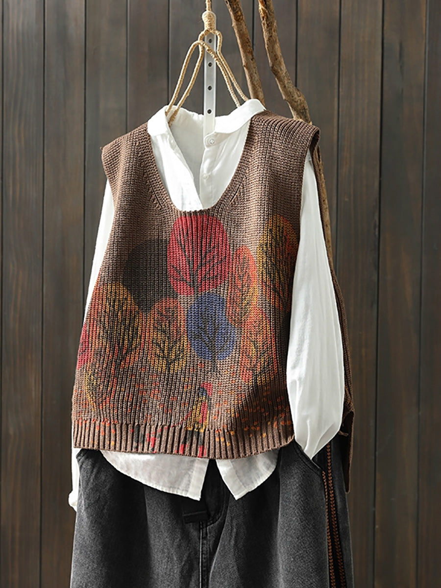 Women Autumn Artsy Tree V-Neck Knitted Vest