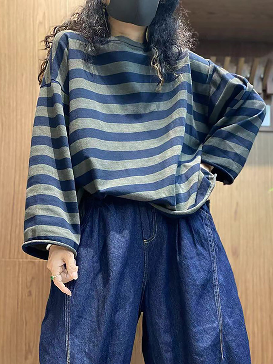 Women Autumn Casual Stripe Cotton O-Neck Shirt