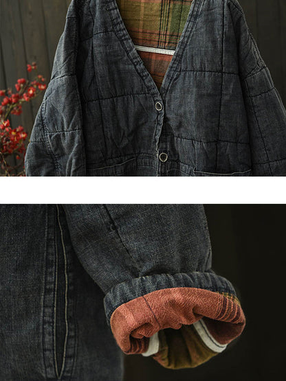 Women Autumn Pure Color Cotton V-Neck Padded Jacket