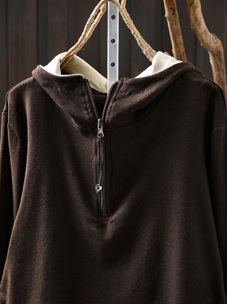 Women Autumn Casual Colorblock Hooded Cotton Blouse