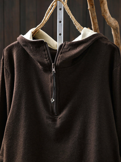 Women Autumn Casual Colorblock Hooded Cotton Blouse