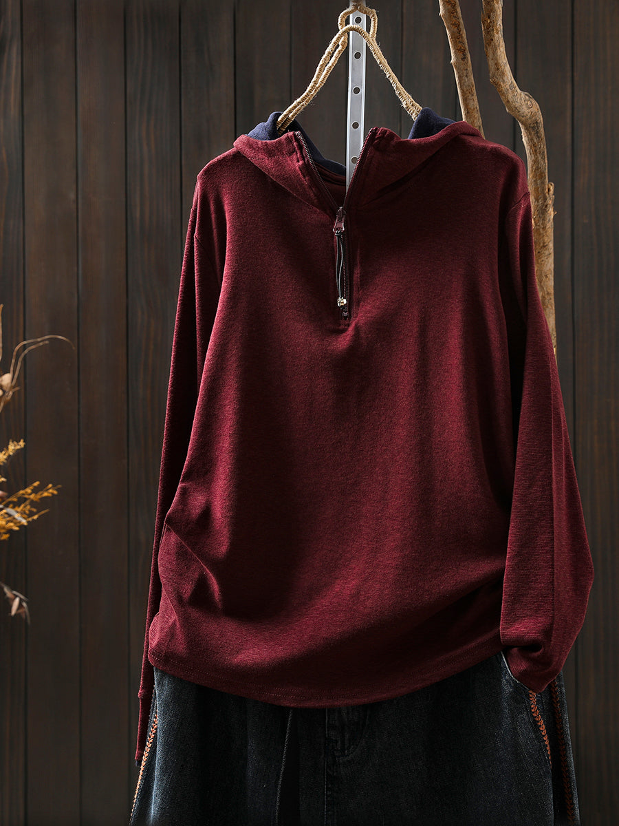 Women Autumn Casual Colorblock Hooded Cotton Blouse
